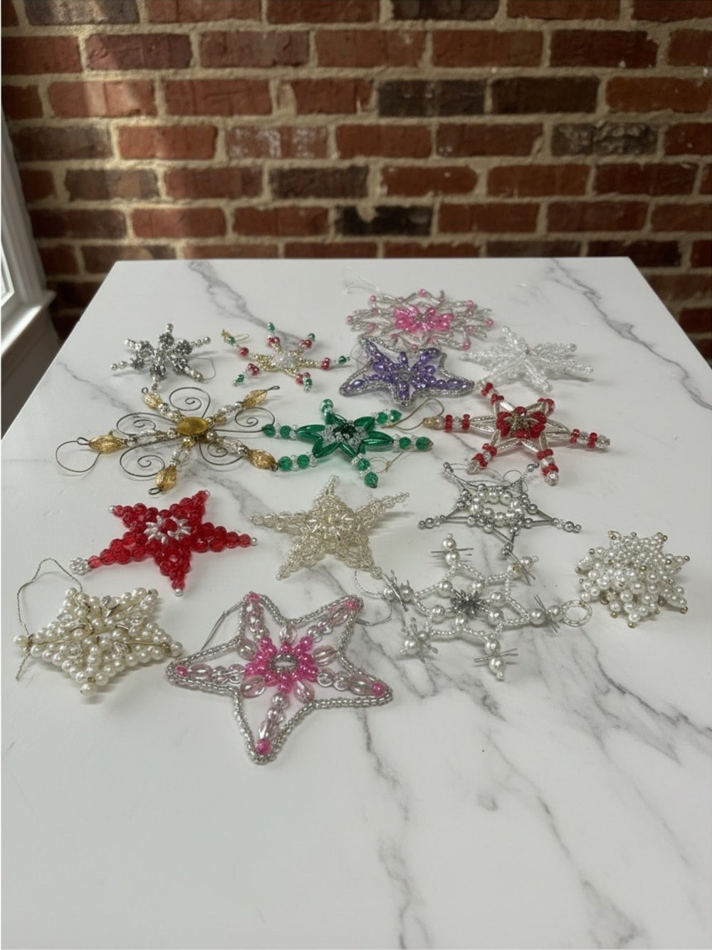 Vintage 1960s - 1970s Handmade Beaded Christmas Ornaments - Lot of 15